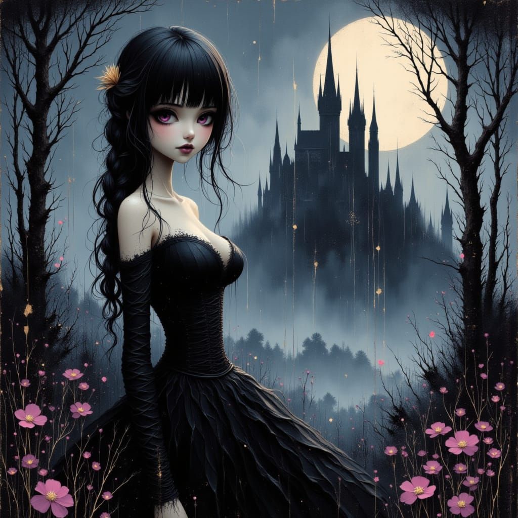 Mysterious Gothic Anime Woman in Ruined Castle