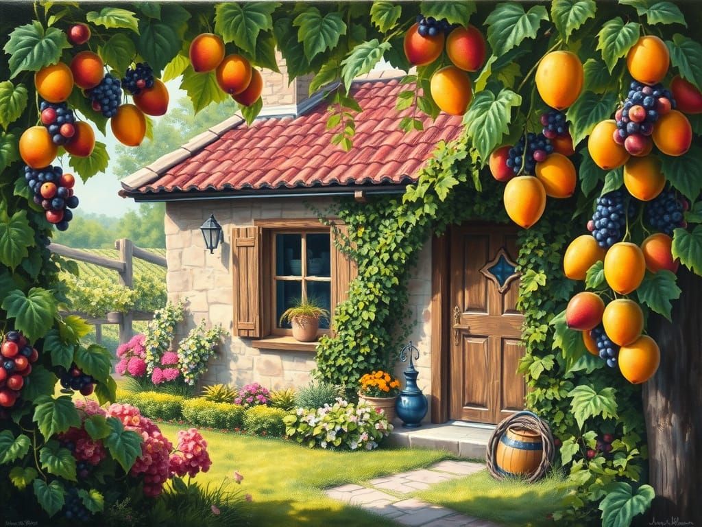 Impressionist Vineyard Cottage in Lush Greenery