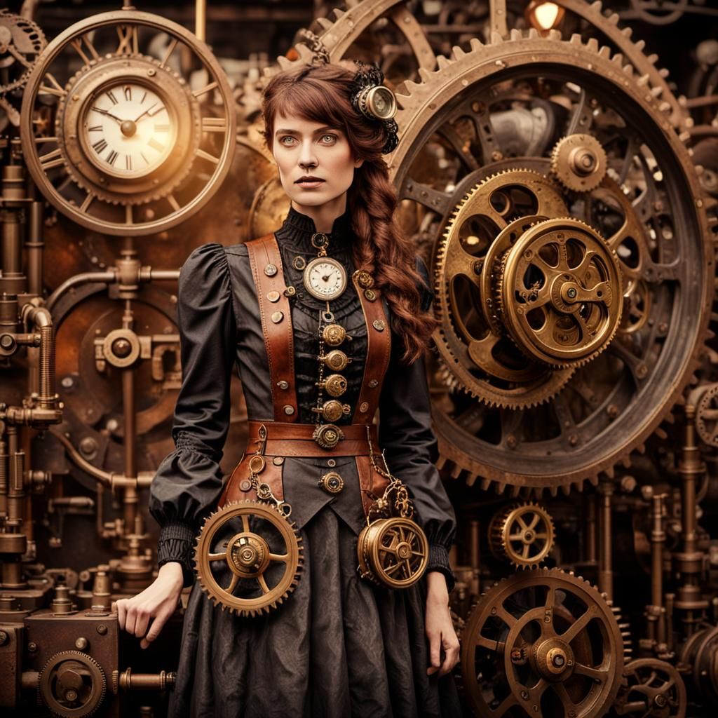 Steampunk Woman in Gear Dress Before Engine