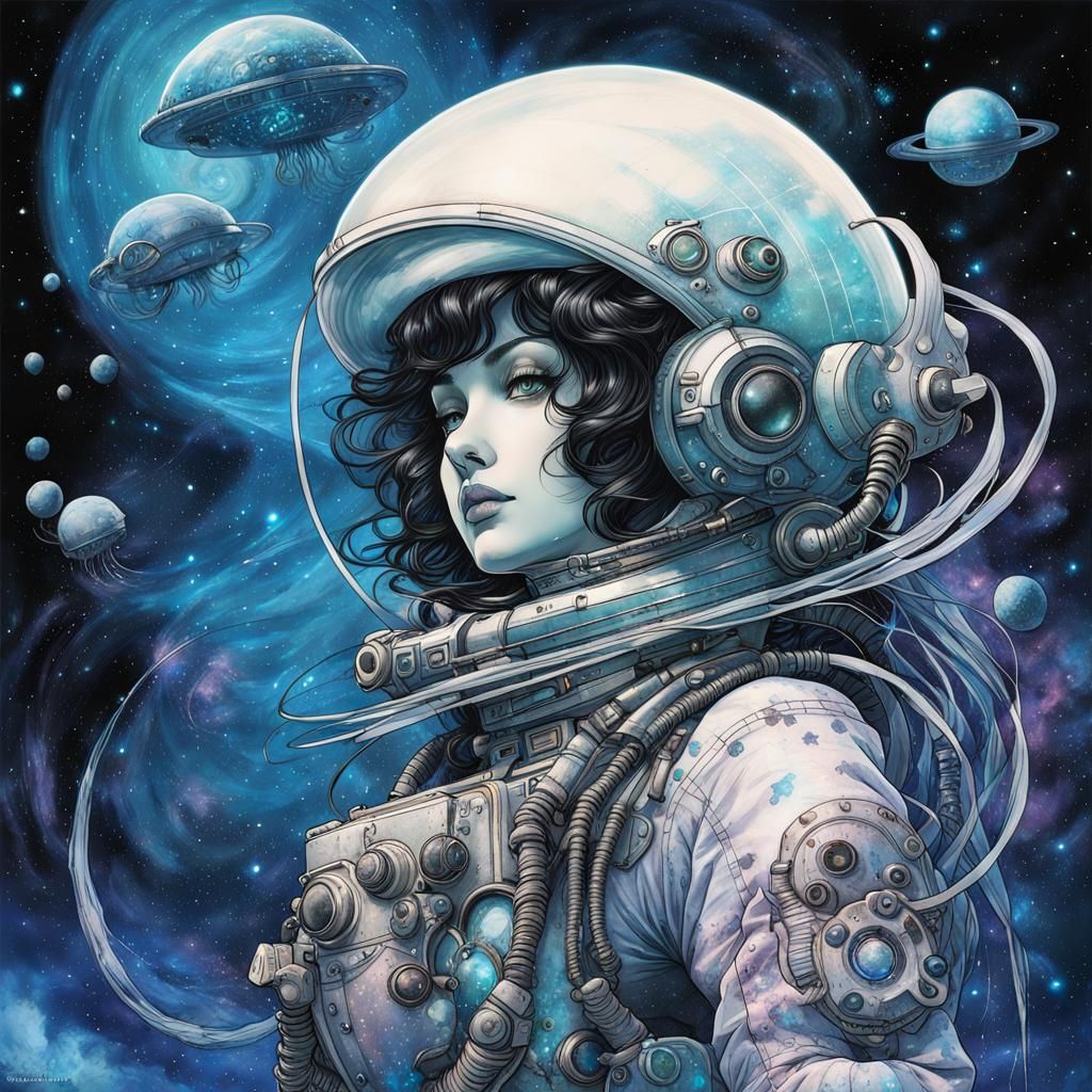 Atompunk Woman-Jellyfish Hybrid in Space, Blacklight Radianc...