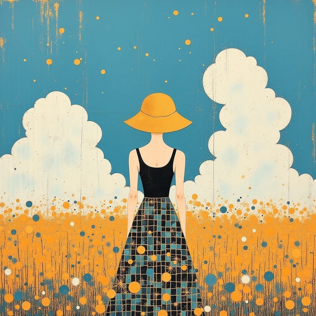 Vibrant Gingham Outfit in a Dreamy Blue Landscape