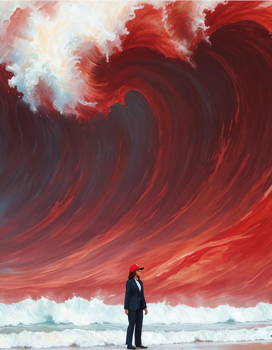 Kamala Harris in Red Ocean, Vibrant Oil Painting