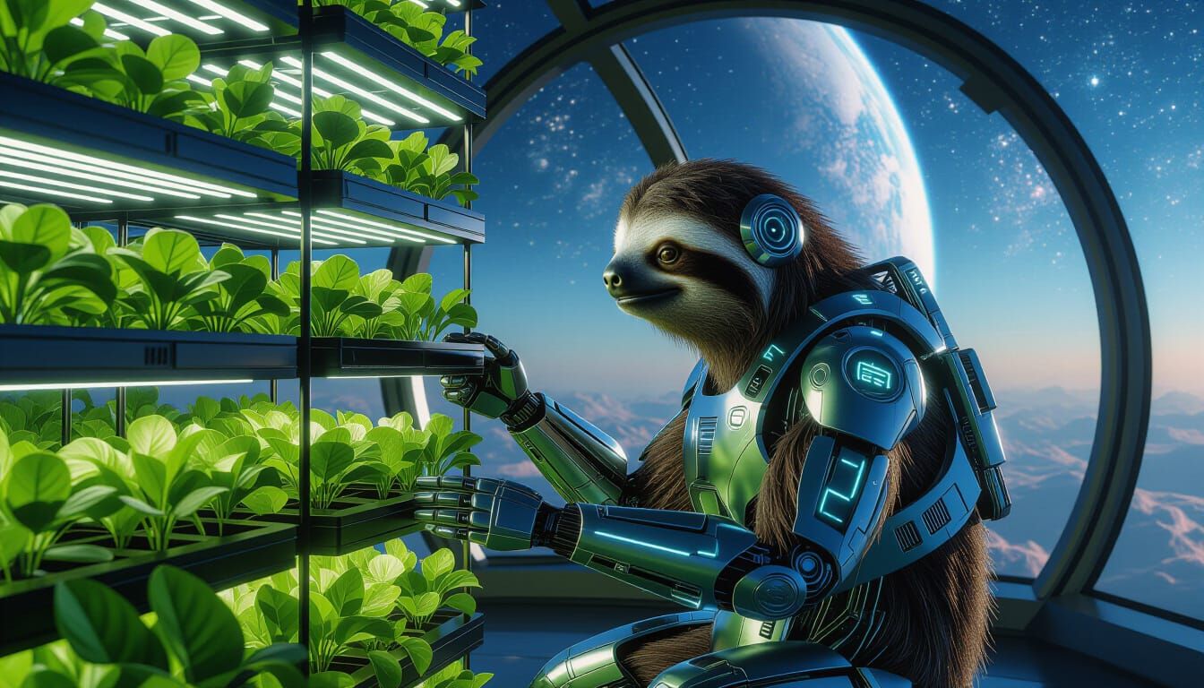 Cybernetic Sloth Tends Alien Hydroponic Farm
