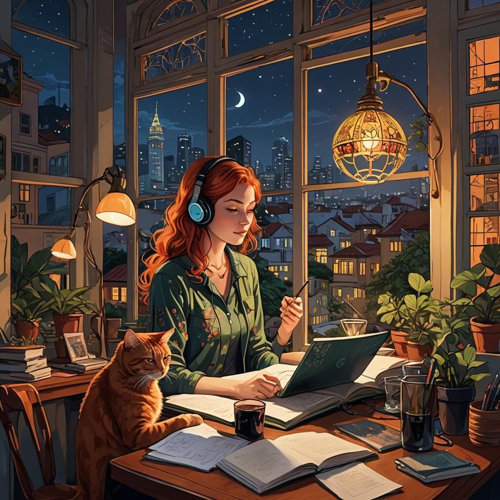 Lofi Girl Studying at Night with City View