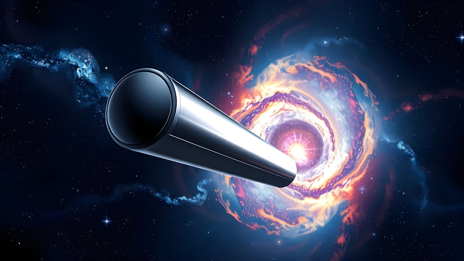 Sleek Silver Starship in Cosmic Vortex