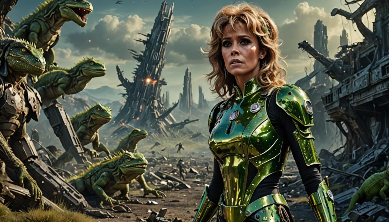 Wounded Barbarella Attacked by Lizards, Digital Matte Painti...