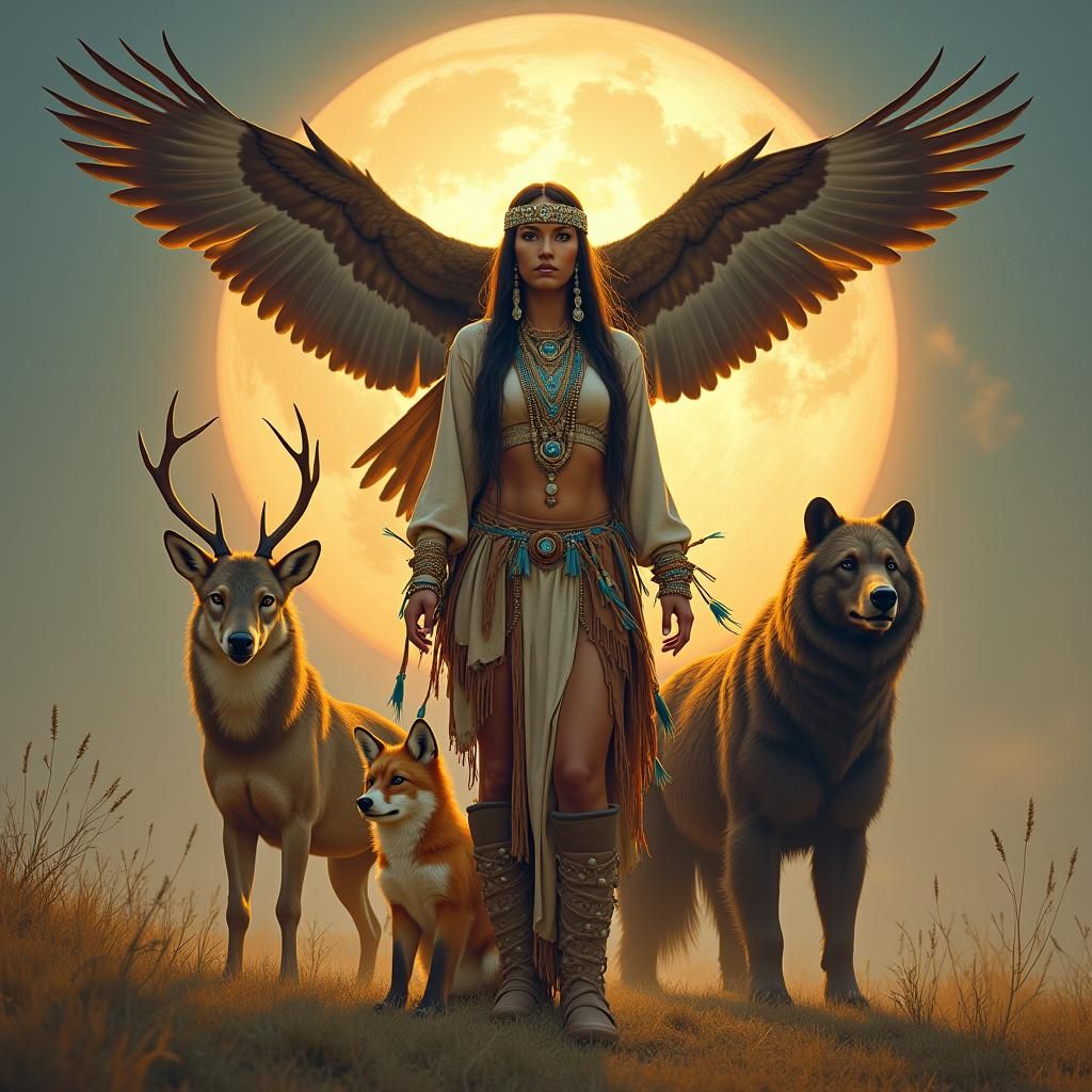 Mystical Lakota Woman with Animal Spirits