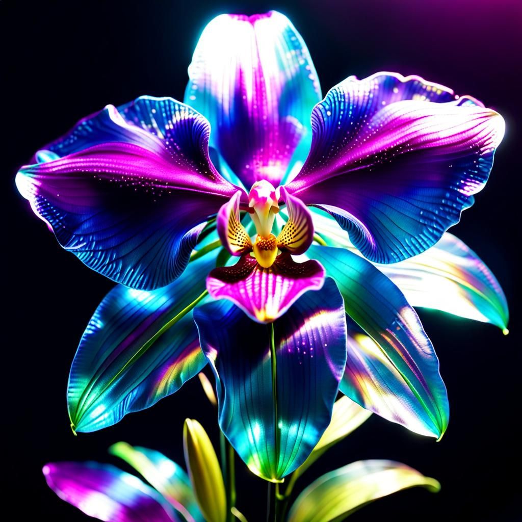 Hyperrealistic Iridescent Silk Orchid in Synthwave Neon