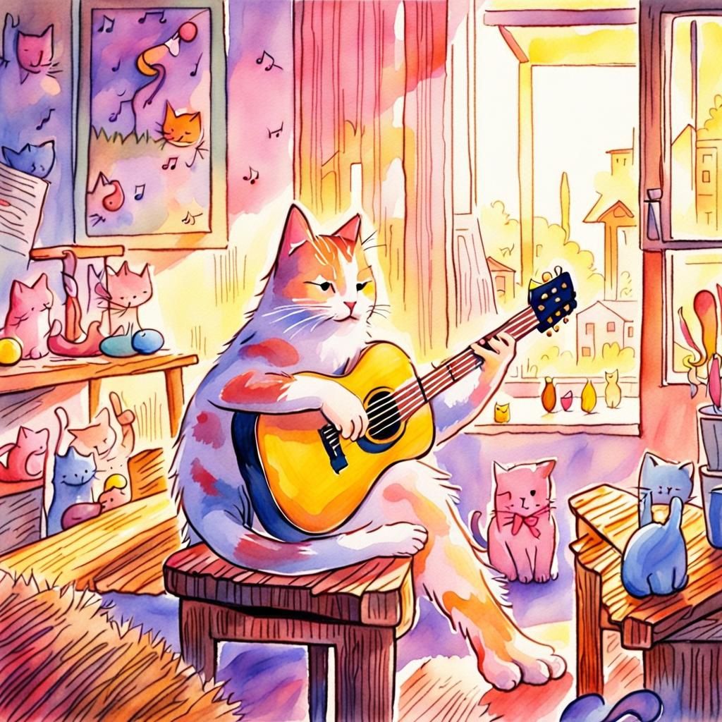 Cat Plays Guitar: Whimsical Watercolor Painting