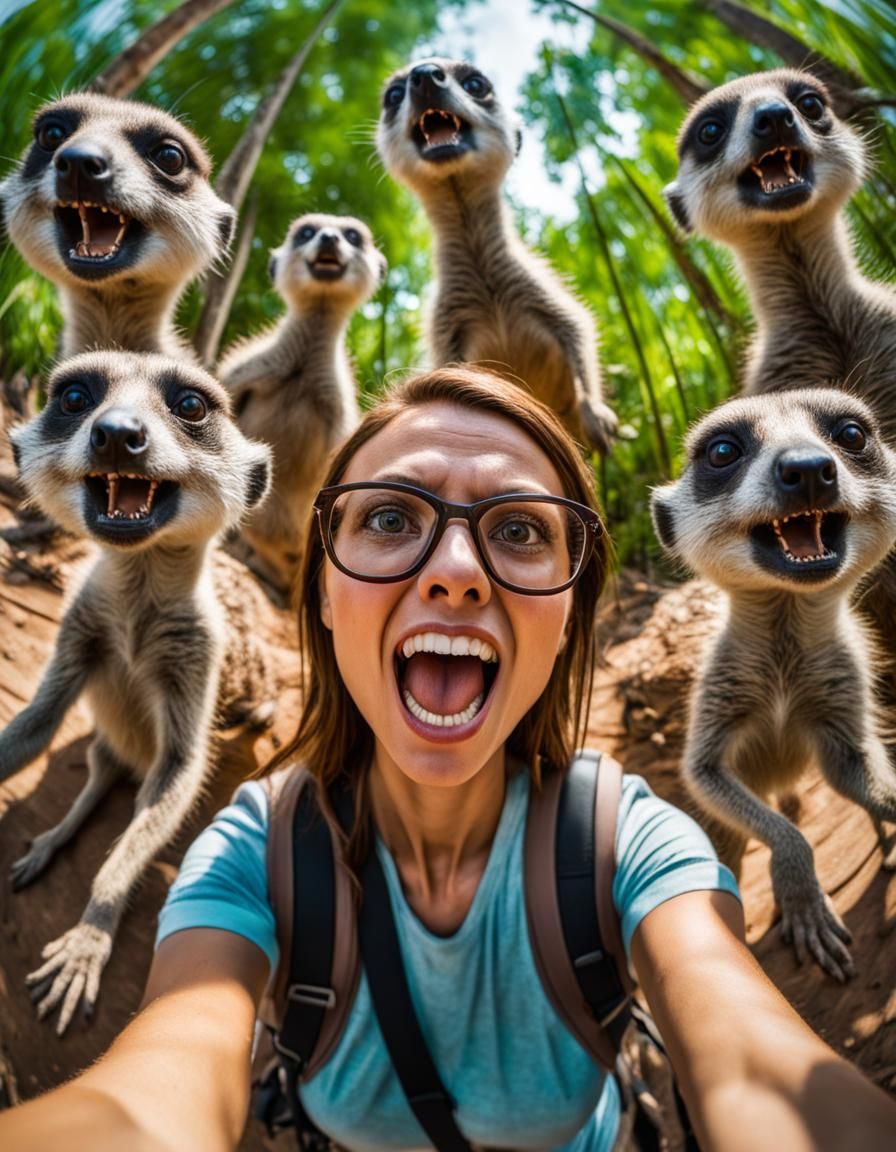 Excited Traveler Selfie with Angry Meerkats