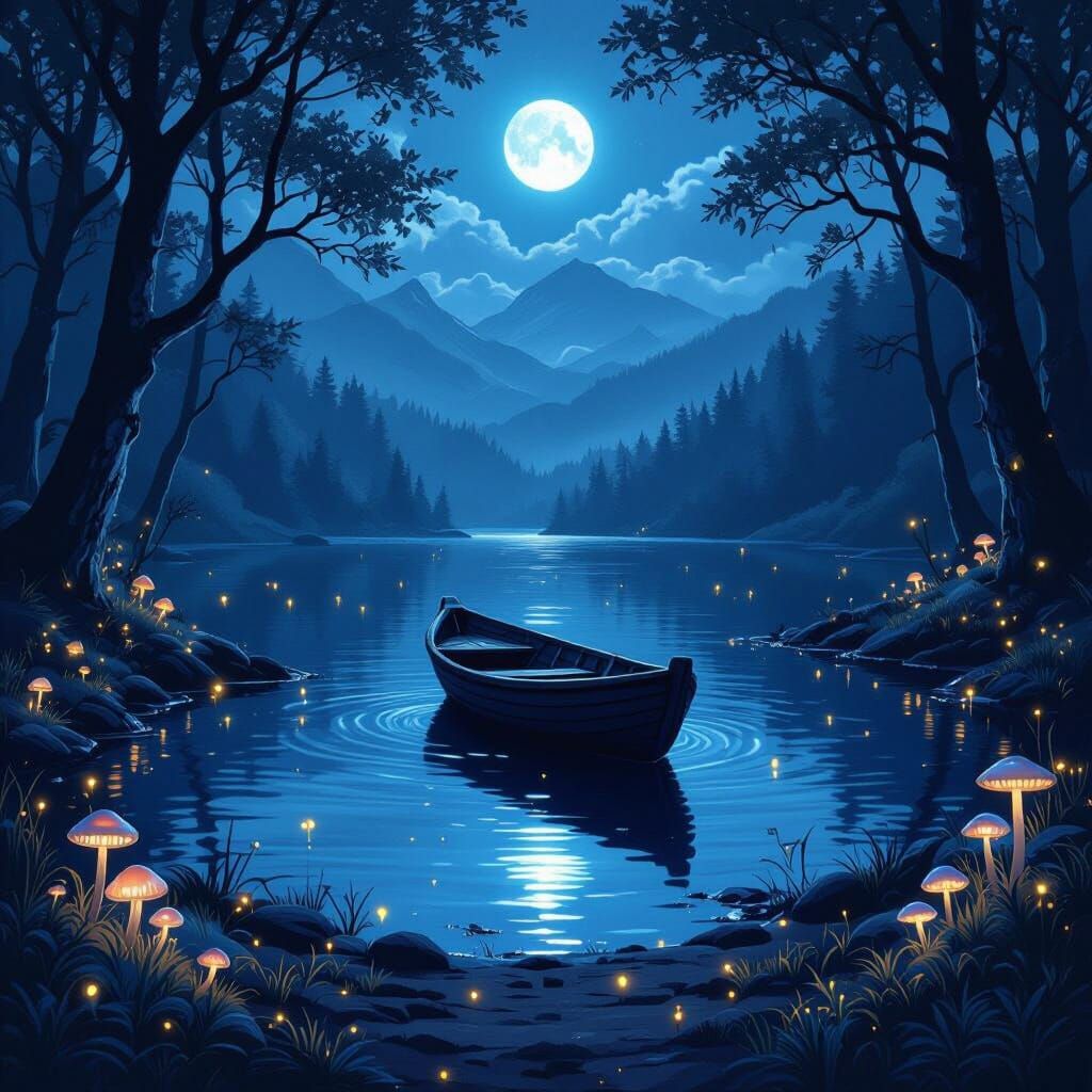 Mystical Moonlight Lake and Forest Scene