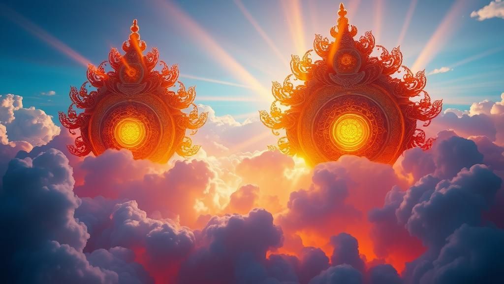 Vimanas Soaring Through Iridescent Clouds