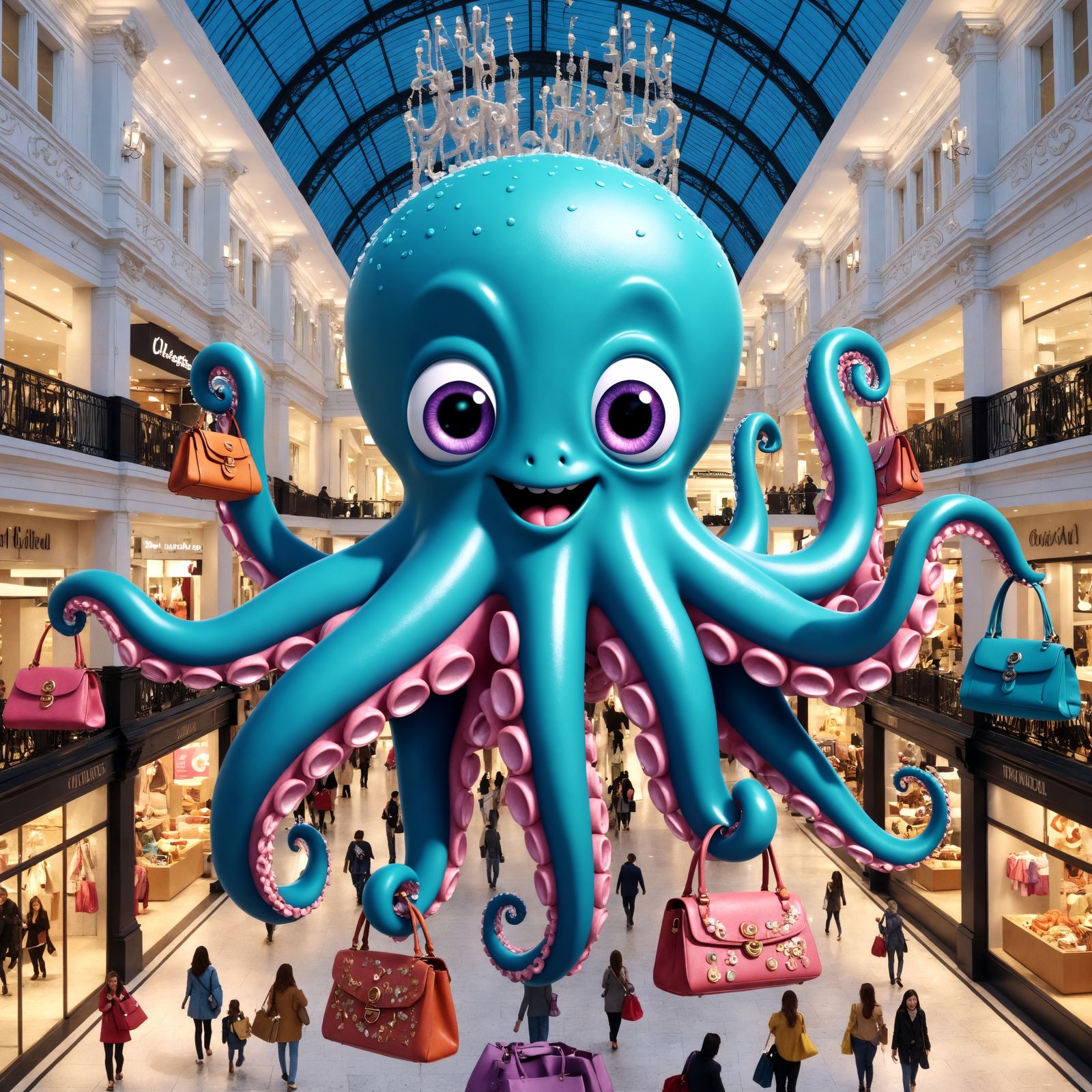 Anthropomorphic Octopus Shopping in CGI Cartoon Style
