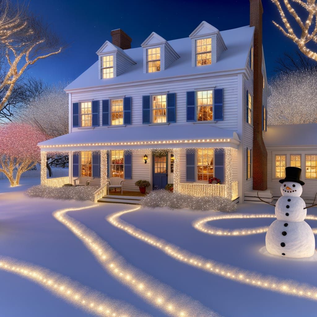 Cozy White House in Magical Snowy Winter Landscape at Twilig...