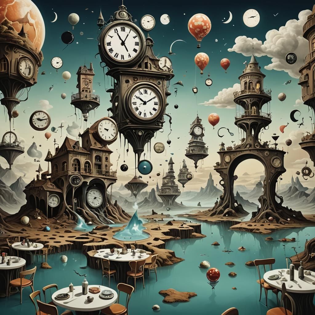 Surreal Dreamscape with Melting Clocks and Floating Text