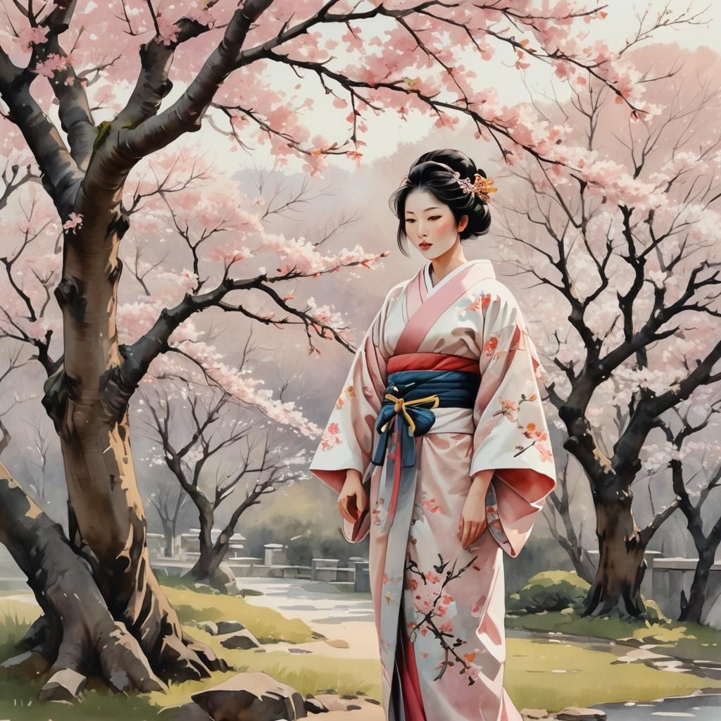 Girl in Kimono Under Cherry Blossom Tree: Ukiyo-e Style