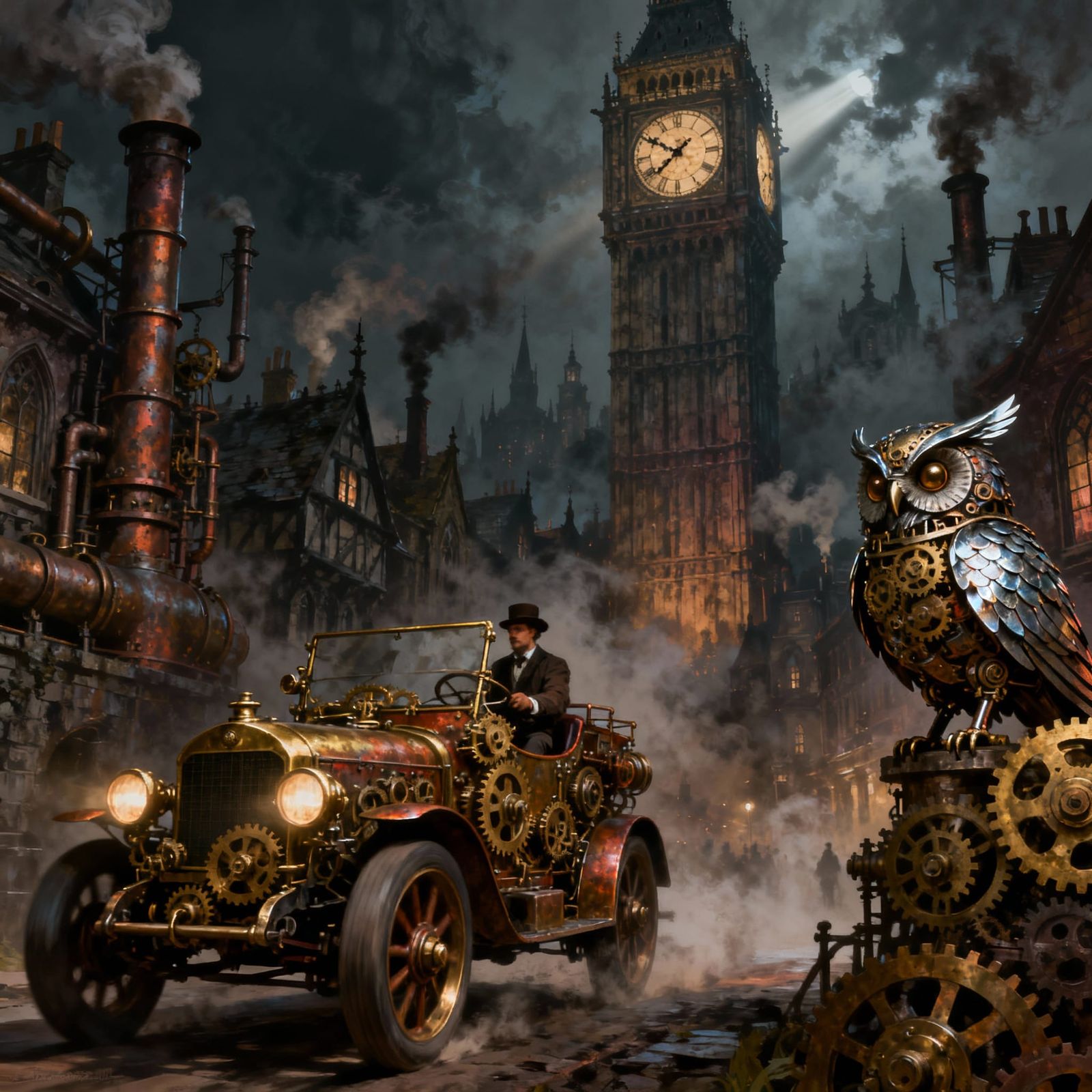 Steampunk Mechanical Car in Gothic Town with Clock Tower