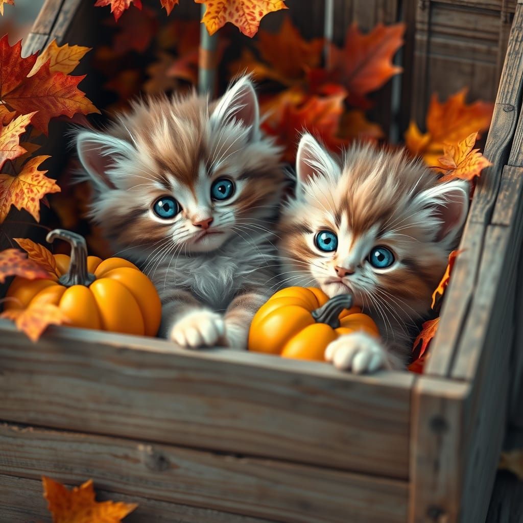 Fluffy Kittens in Autumn Crate with Pumpkins