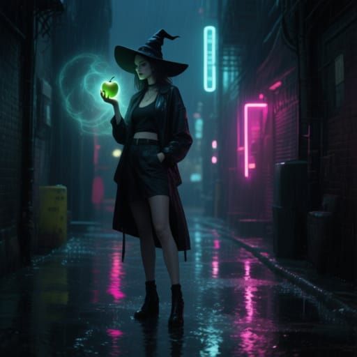 Modern Witch with Glowing Apple in Neon Alleyway
