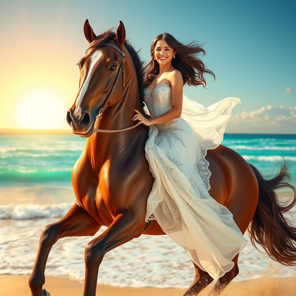 Majestic Brown Horse Rides Along Pristine Beach