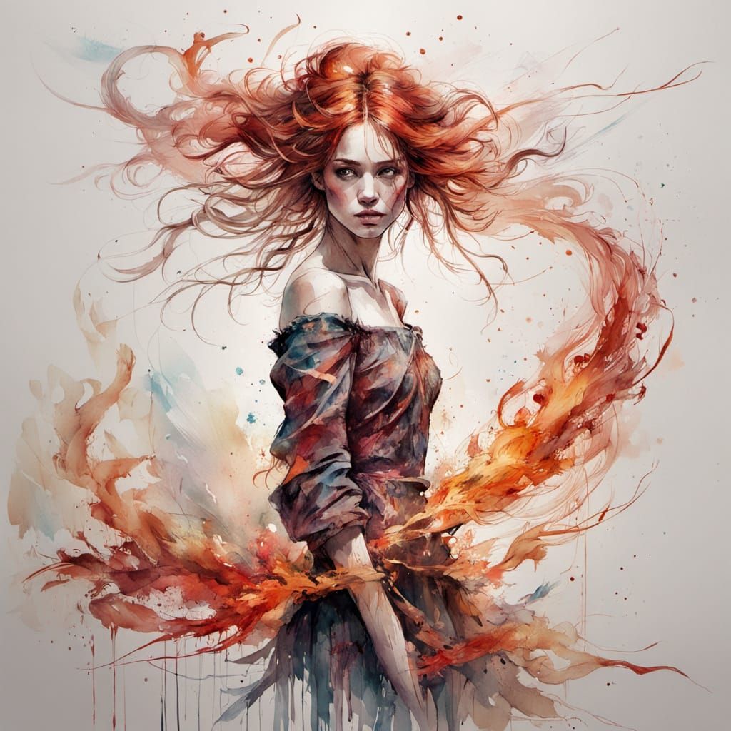 Beautiful Fire Spirit Scattering in Wind, Watercolour Style