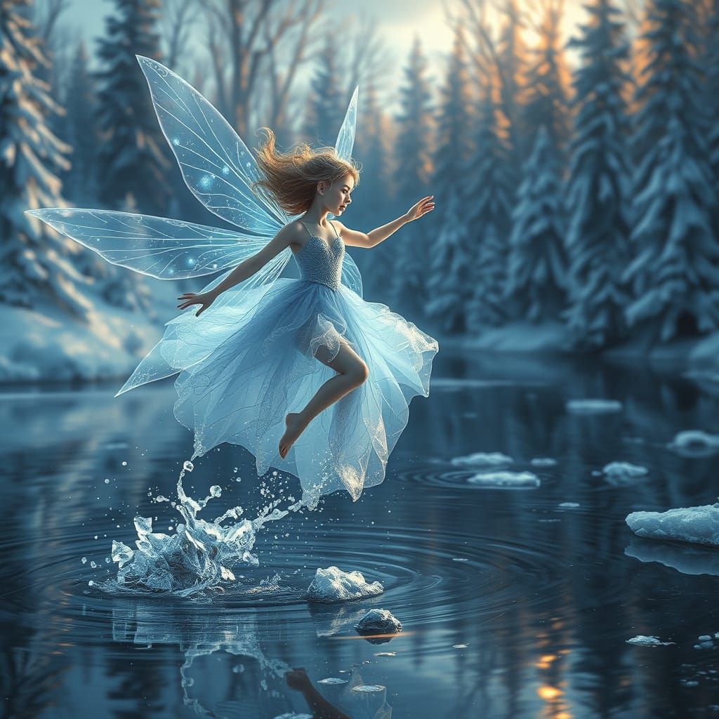 Ice Fairy Over Frozen Lake in Hyperrealistic Style