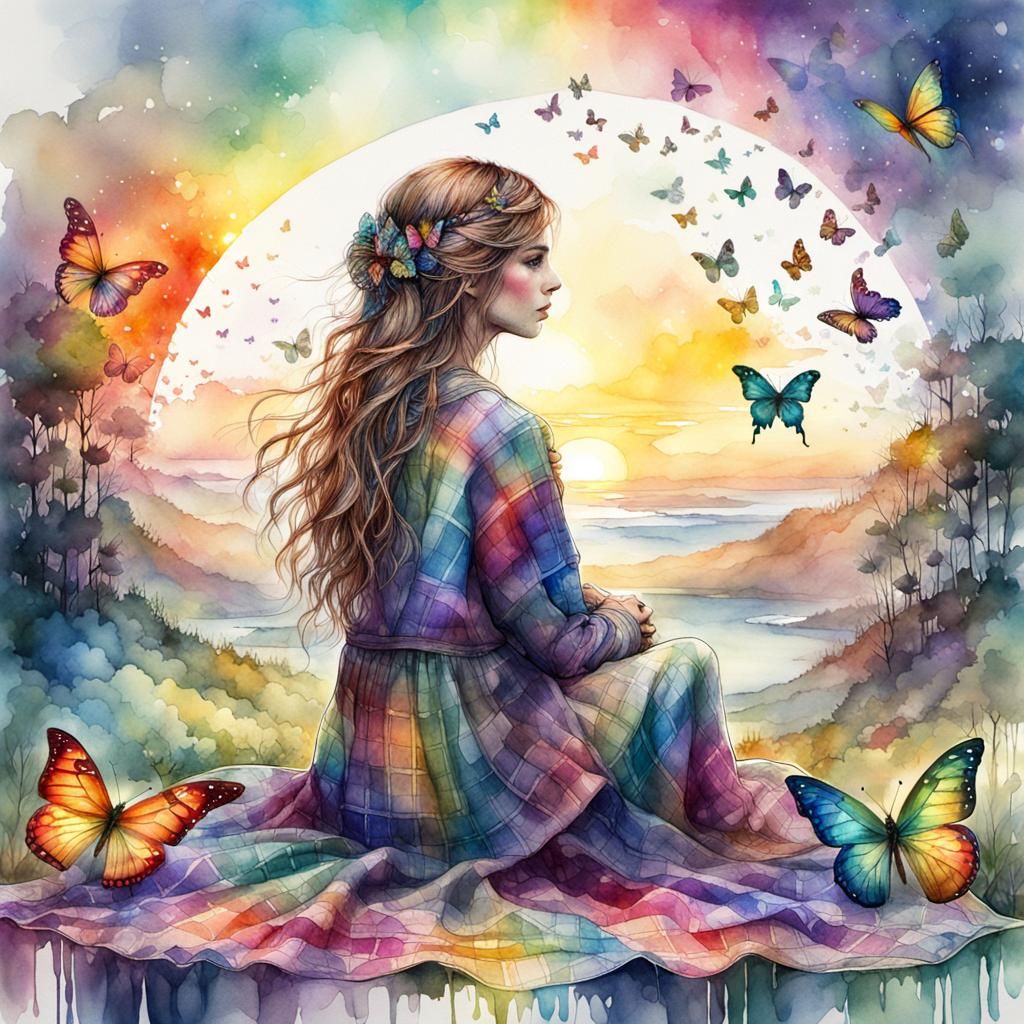 Girl in Rainbow Plaid Fairytale Illustration