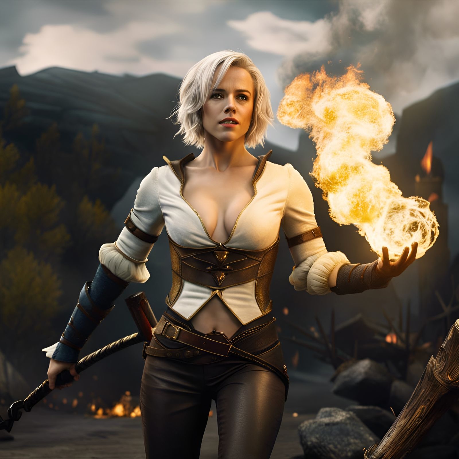 Female Witcher with Fire Magic in Medieval Setting