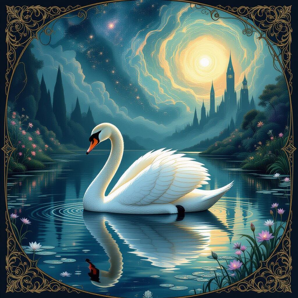 Moonlight Swan on Nebulae Lake in Art Nouveau Style