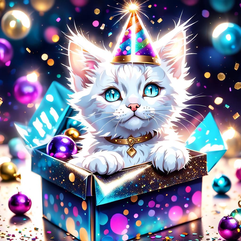 White Kitten in Gift Box: Cyberpunk Fantasy