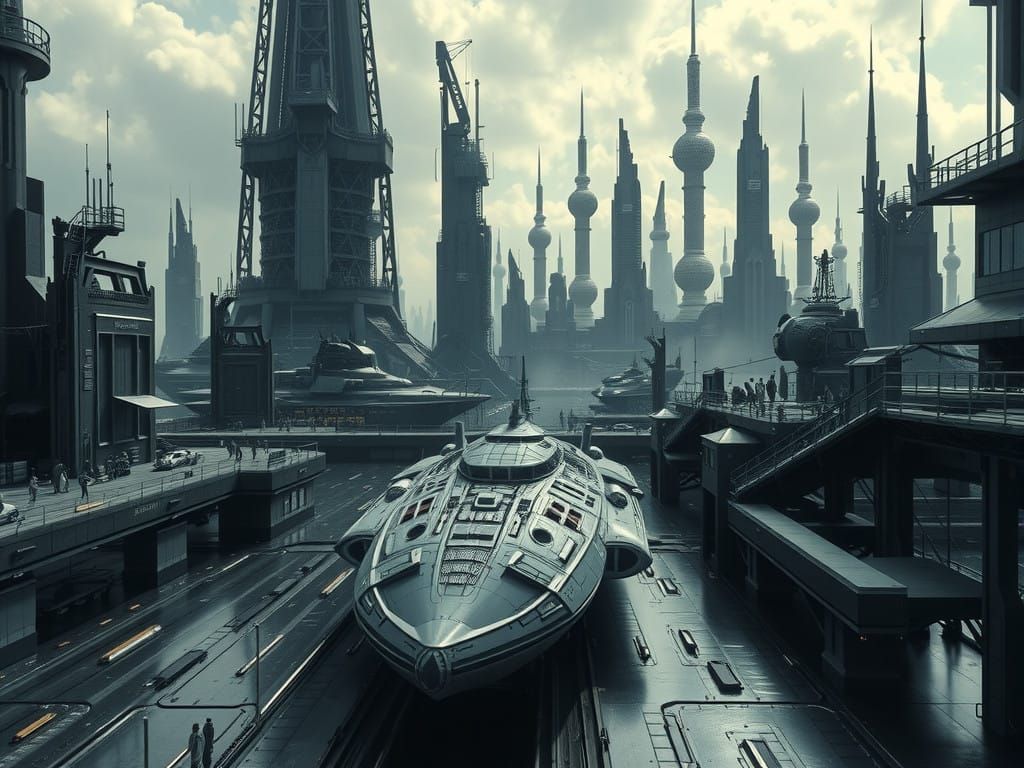 Sci-fi city with scapeship docks