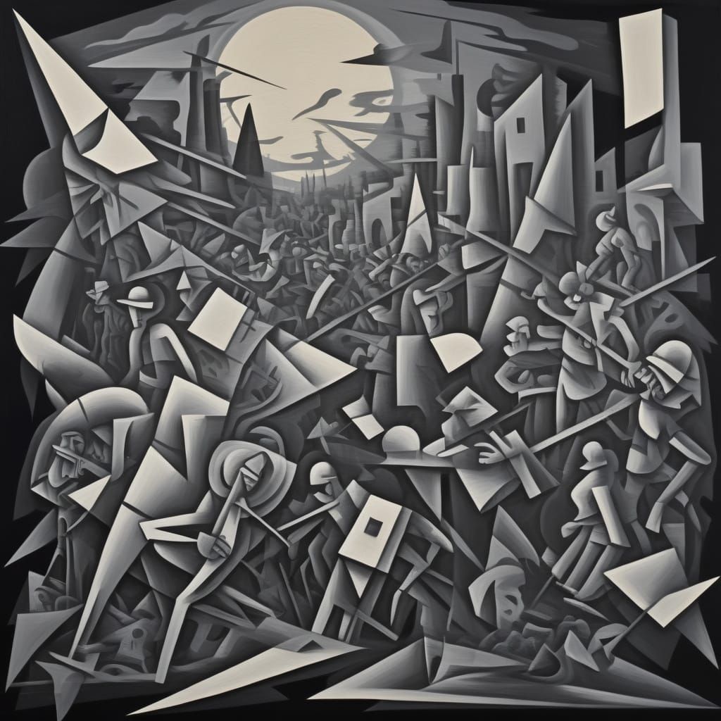 Cubist War Scene in Grayscale