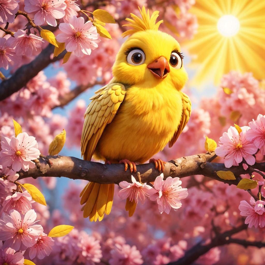 Adorable Yellow Bird in Cherry Tree: 3D Digital Art