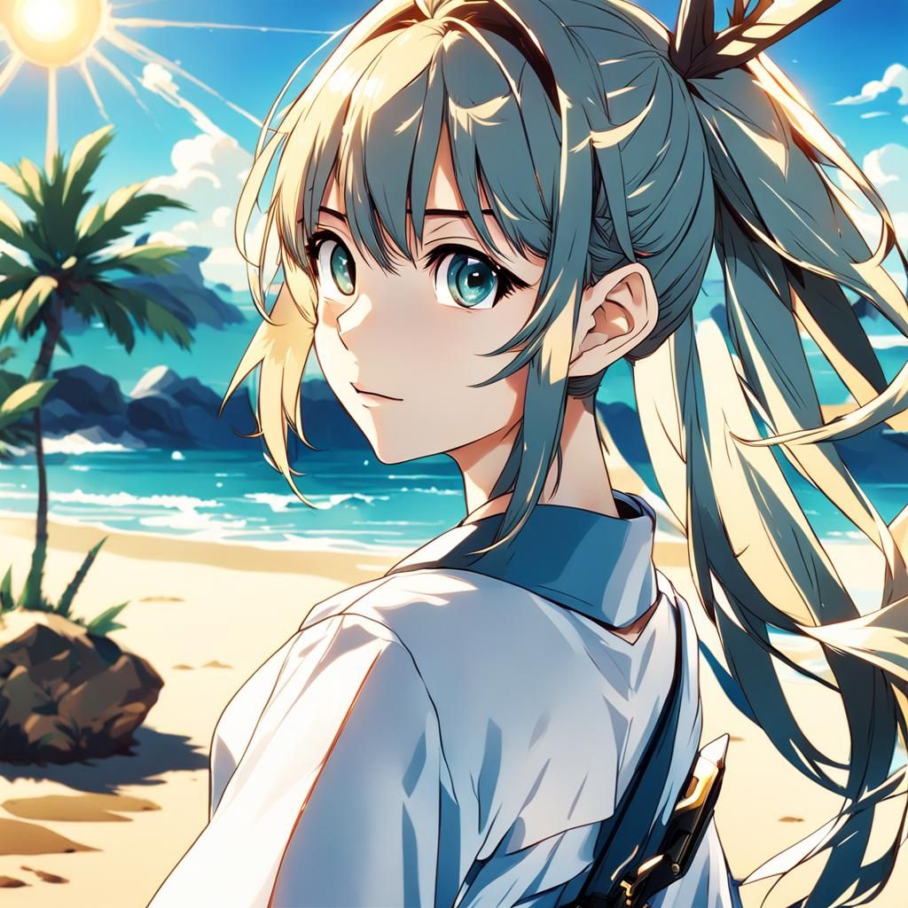 Cute Anime Girl Portrait on Sunny Beach