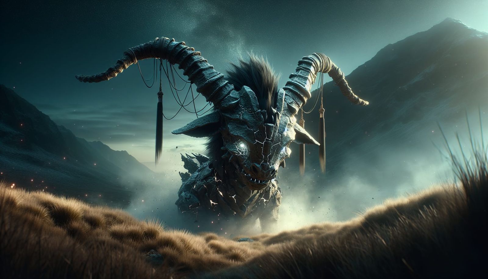 Chibi Dragon Mountain in Dark Fantasy War Scene