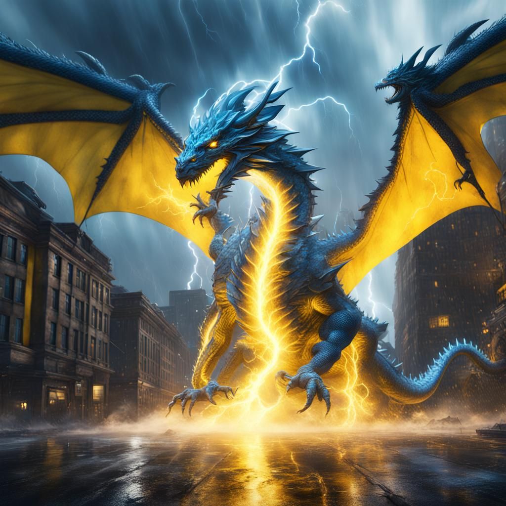Lightning Dragon in City Thunderstorm: Fantasy Art