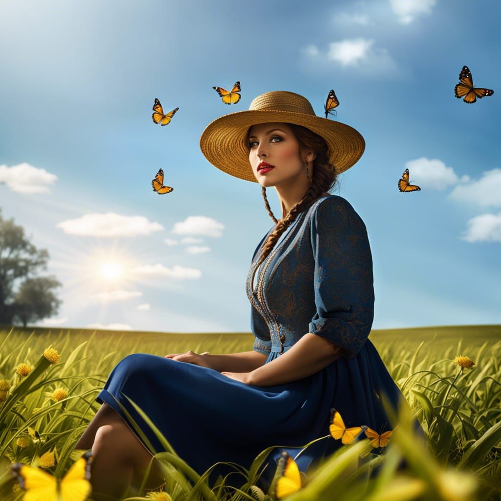 Hyperrealistic Woman on Farm with Butterflies