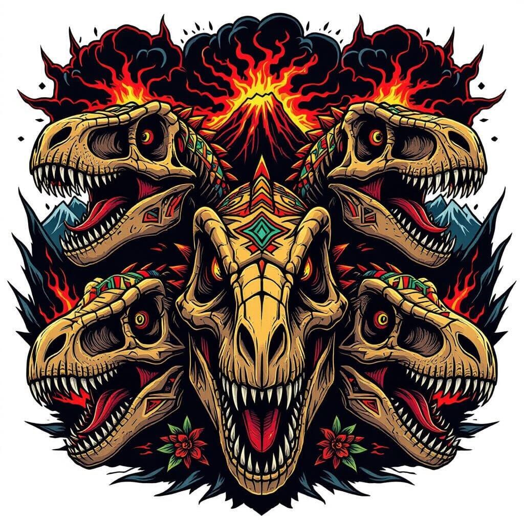 Allosaurus Skull Tattoo Flash Sheet in Comic Book Style