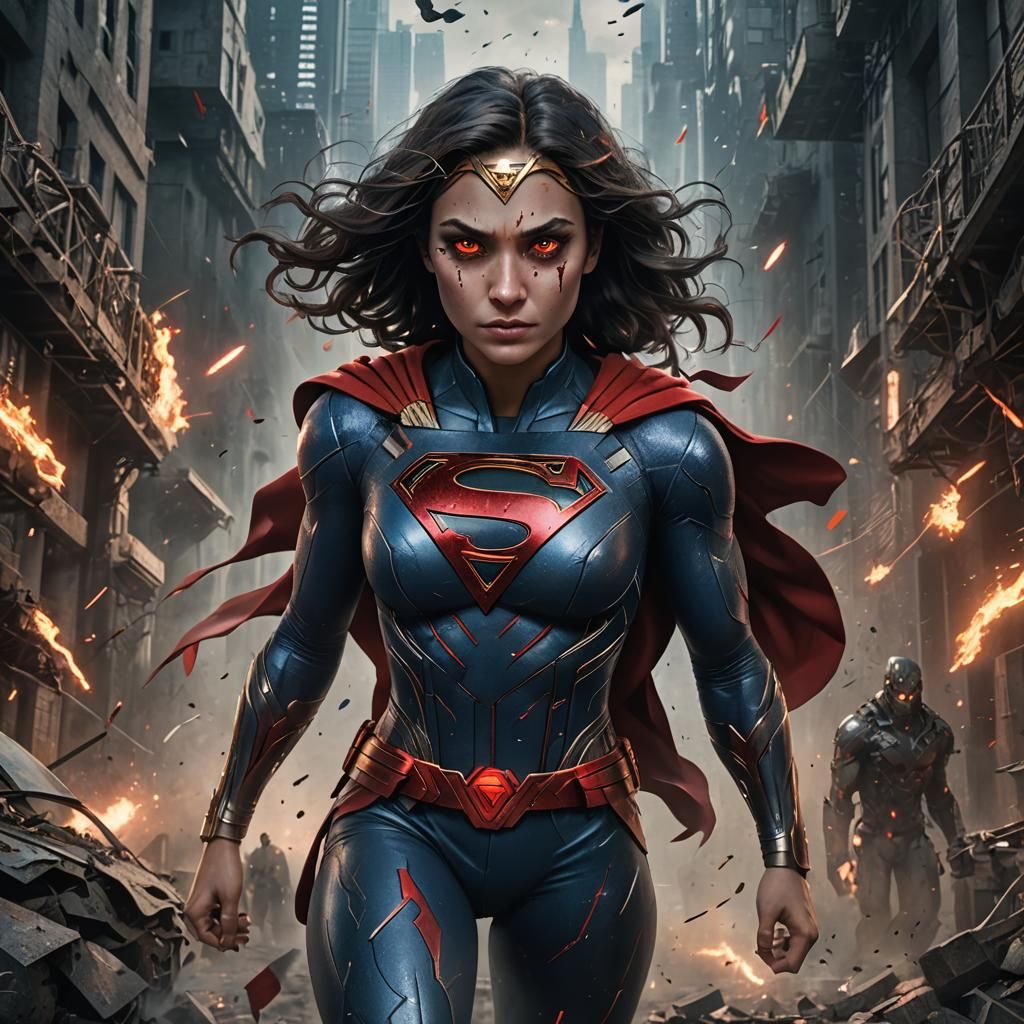 Superwoman with Red Eyes: Detailed Matte Painting