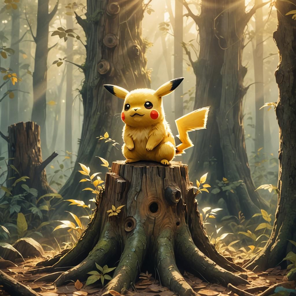 Golden Pikachu in Misty Forest: Watercolor Illustration