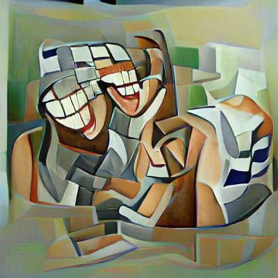 A cubist painting of 2 people laughing