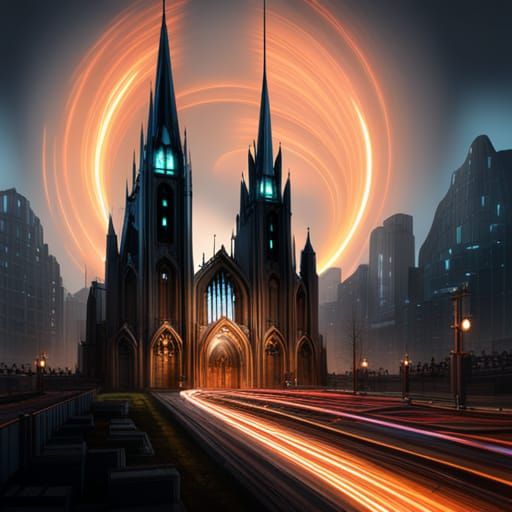 Cyberpunk Gothic Church in Futuristic City