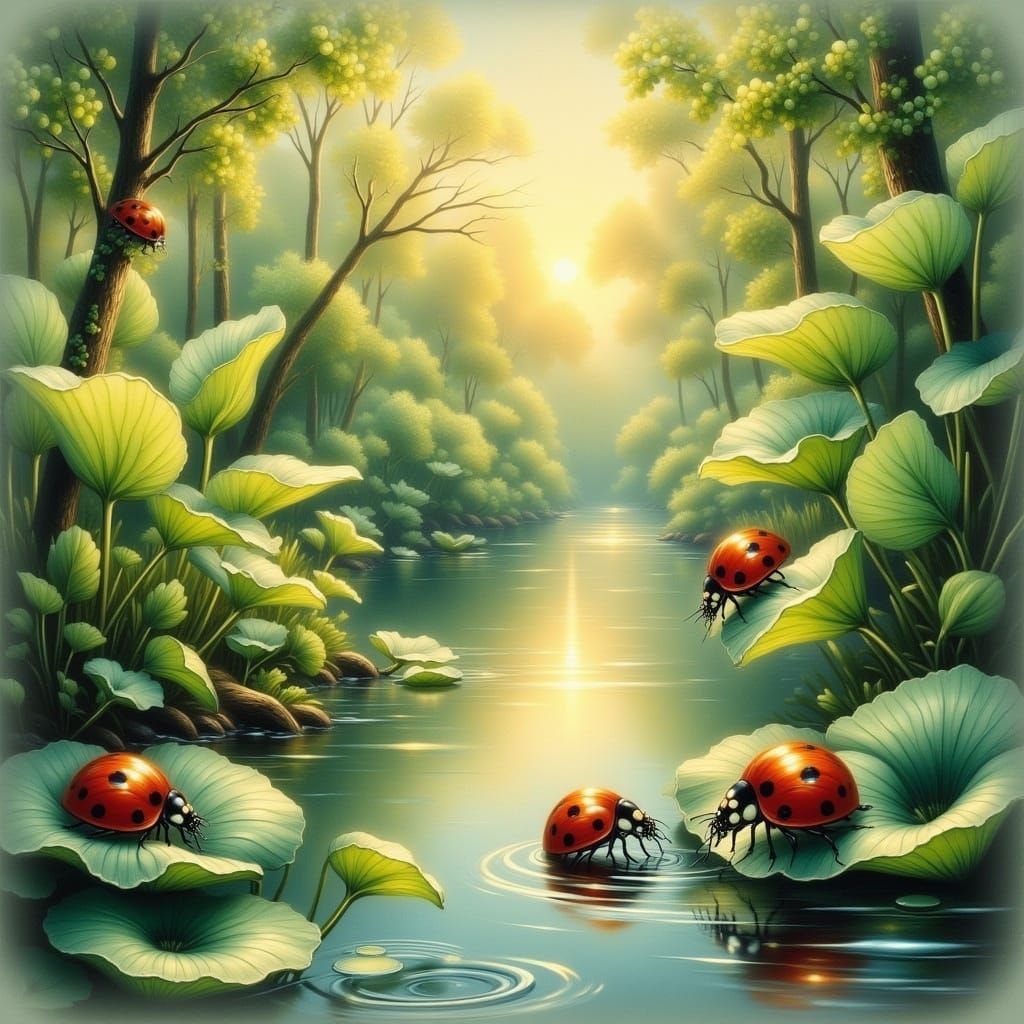 Delicate Ladybugs in Emerald Watercress Pond