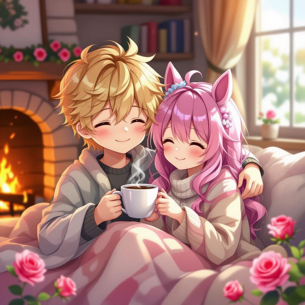 Anime Couple Sharing Coffee in Cozy Room, Whimsical Style