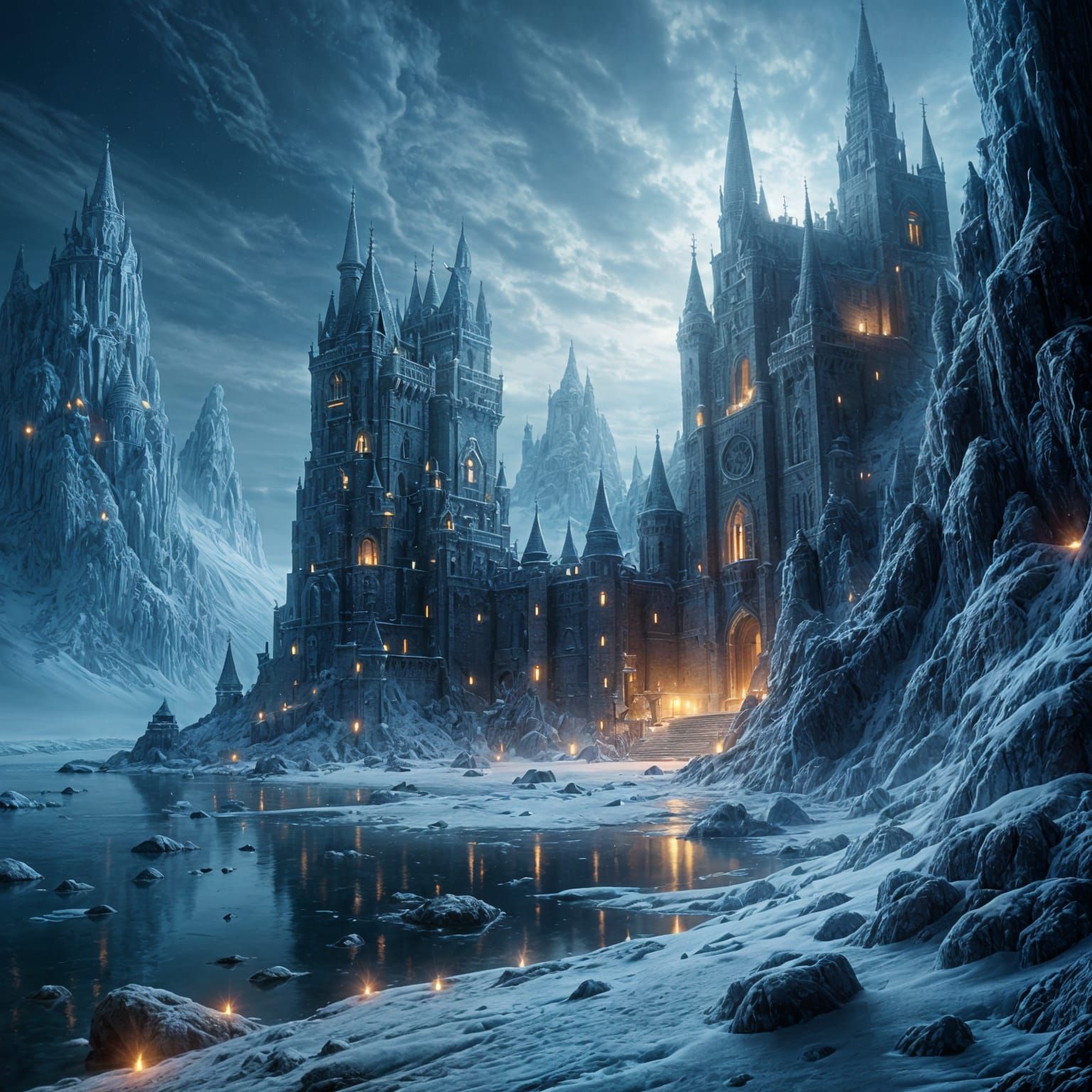 Mysterious Arctic Castle Illuminated by Golden Light