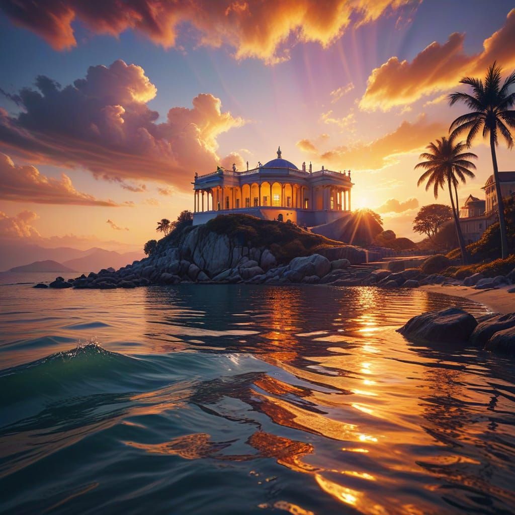 Surreal Tropical Cityscape with White House at Golden Hour