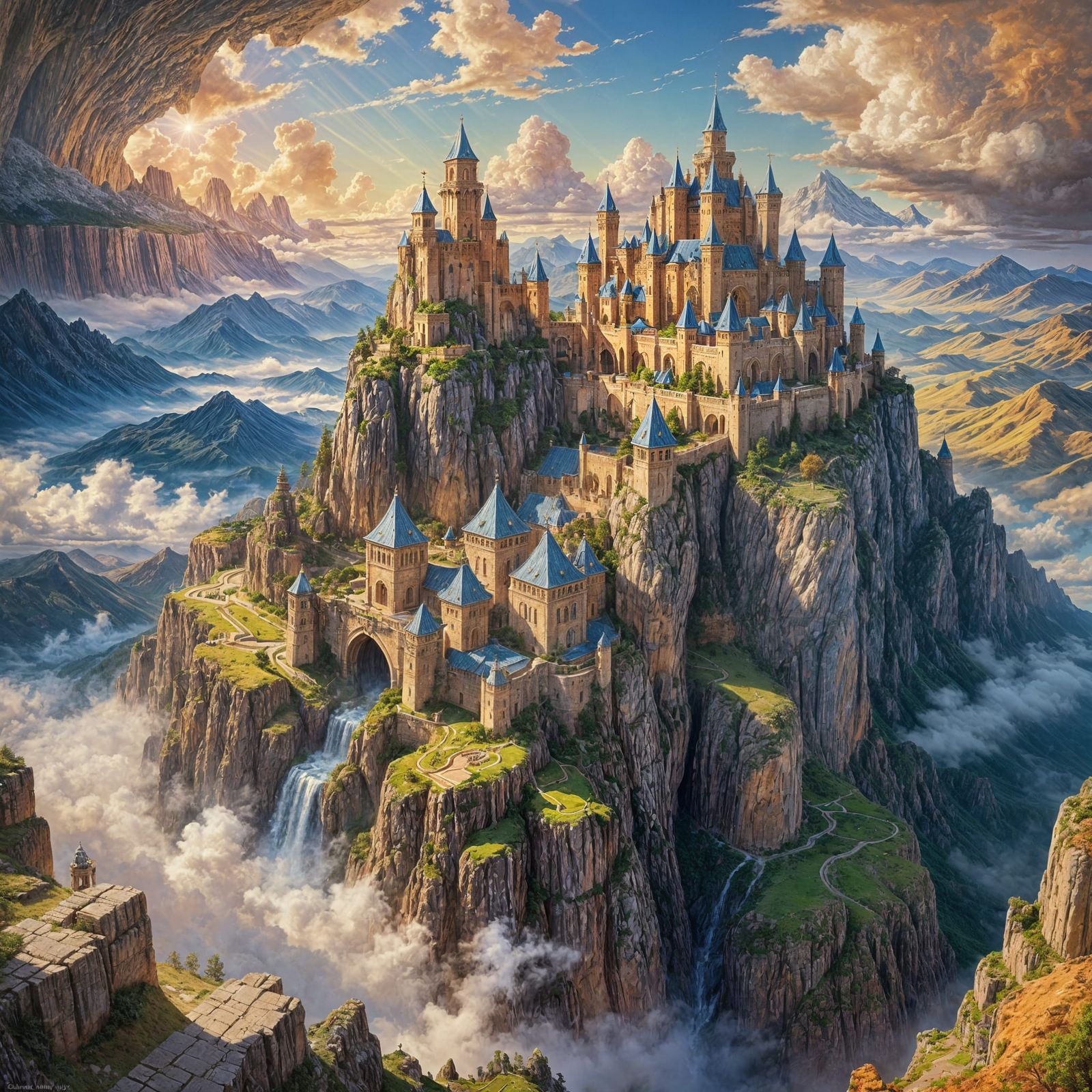 Dwarvish Sky Citadel Among Clouds in Oil Painting Style