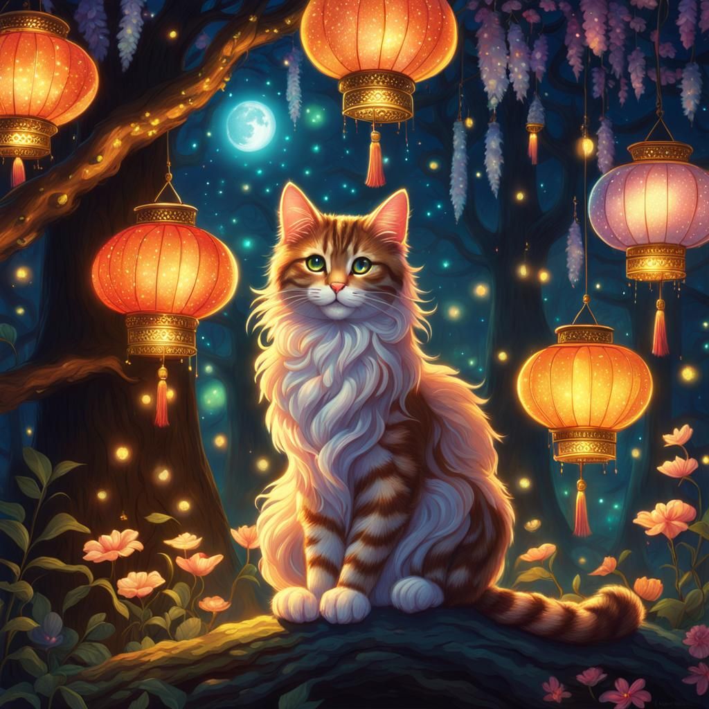 A cat sits between lanterns