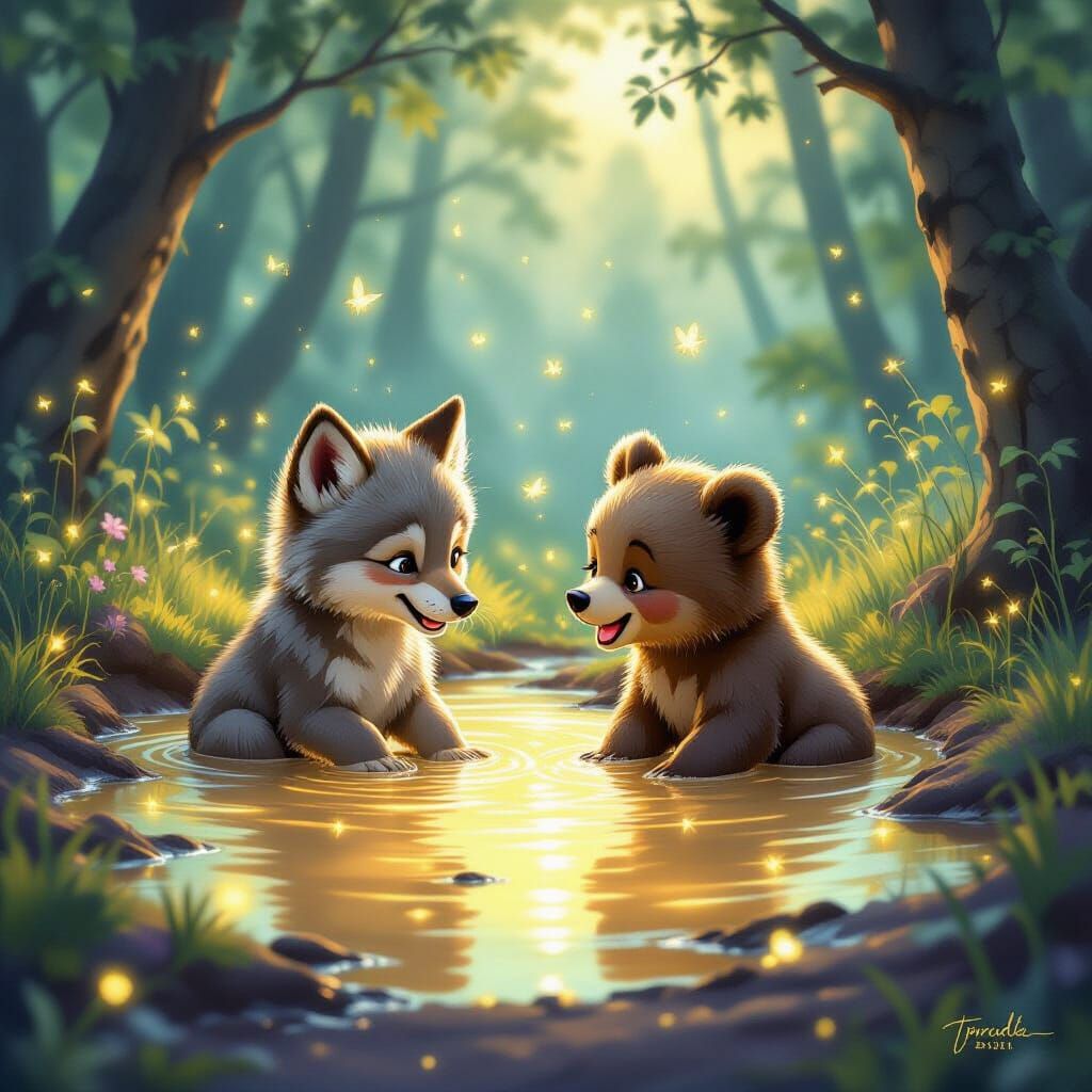 Wolf and Bear Cubs Play in Magical Forest Mud Puddle