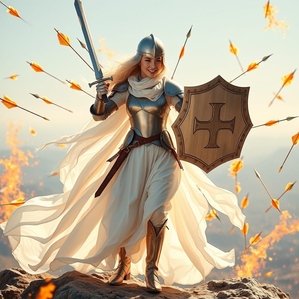 Blonde Warrior Woman in Silver Armor Deflecting Arrows